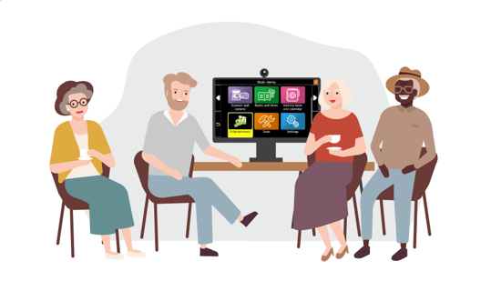 Illustration of a Technology Advisor demonstrating GuideConnect to a group of seniors.